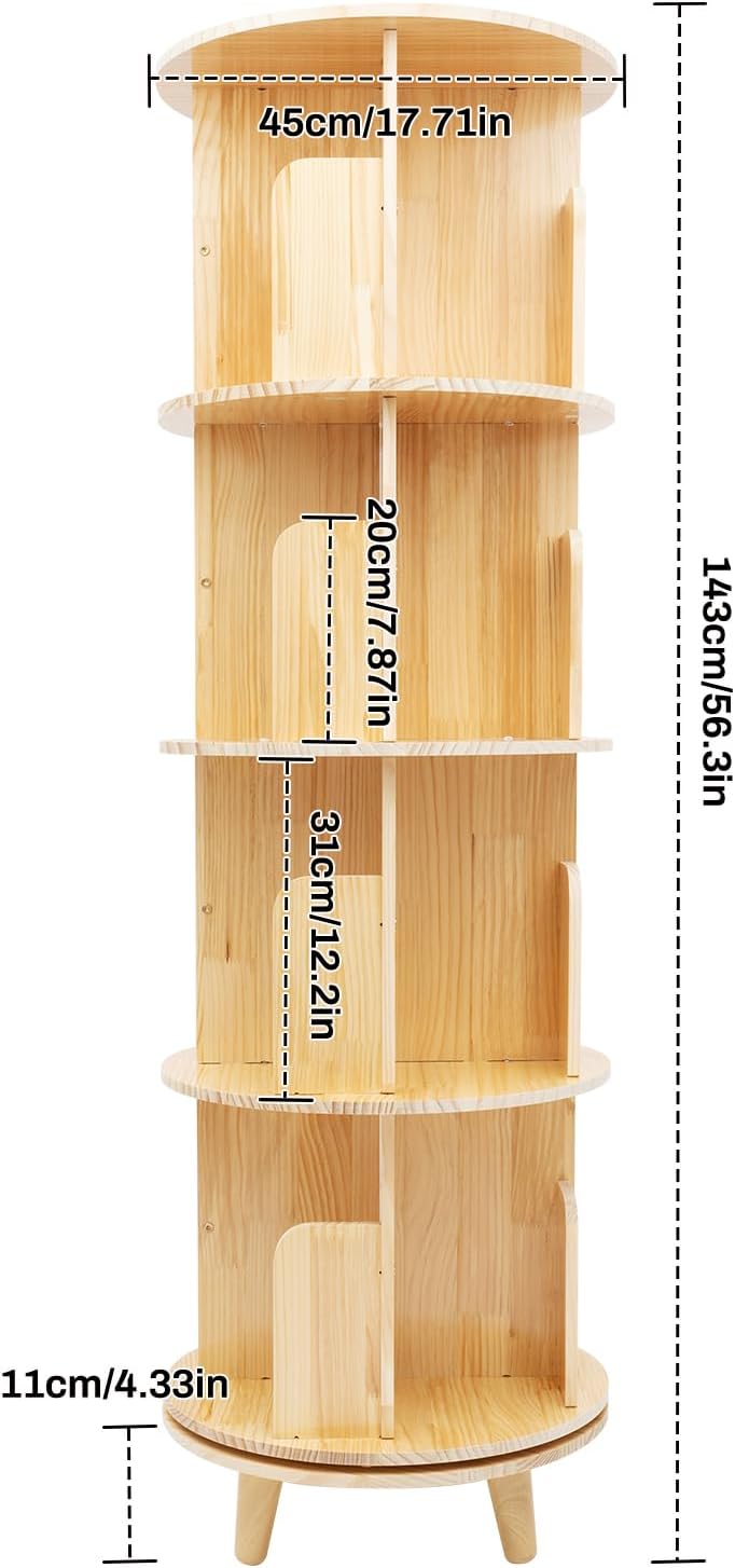 Wooden Rotating Bookshelf 360 Display Floor Standing Bookcase Storage Rack for Kids&Adults Multi-Functional Bookshelf Organizer (4-Tier)