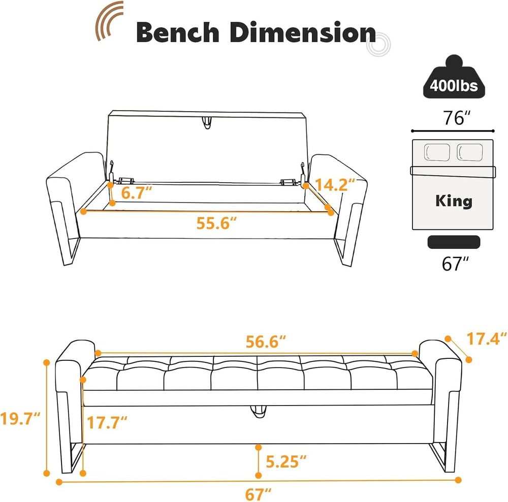 67" End of Bed Storage Bench King Size, Bench for Bedroom Foot of Bed, U...
