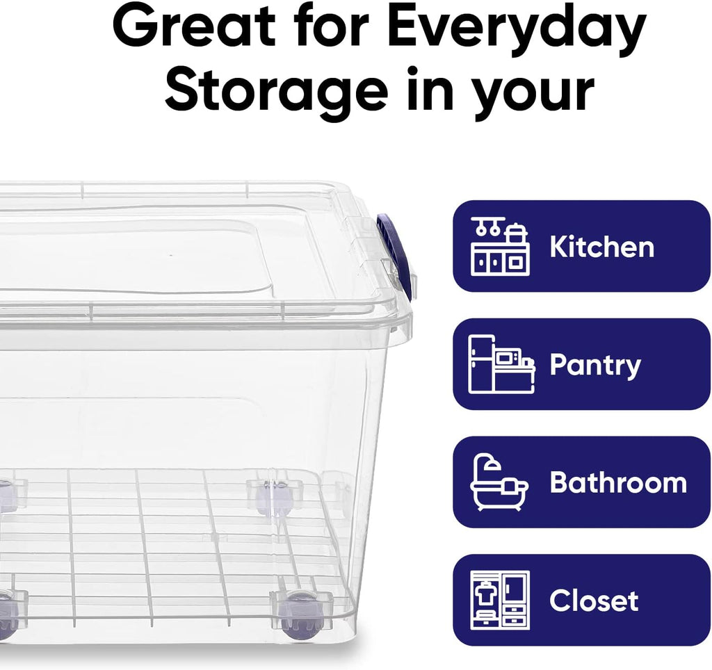 Superio Storage Bins with Lids- Clear Boxes for Organizing, Stackable Plastic Containers- BPA Free, Non-Toxic, Odor Free, Organizer for Home, Office, Dorm (6 Pack, 32 Qt (Wheeled))