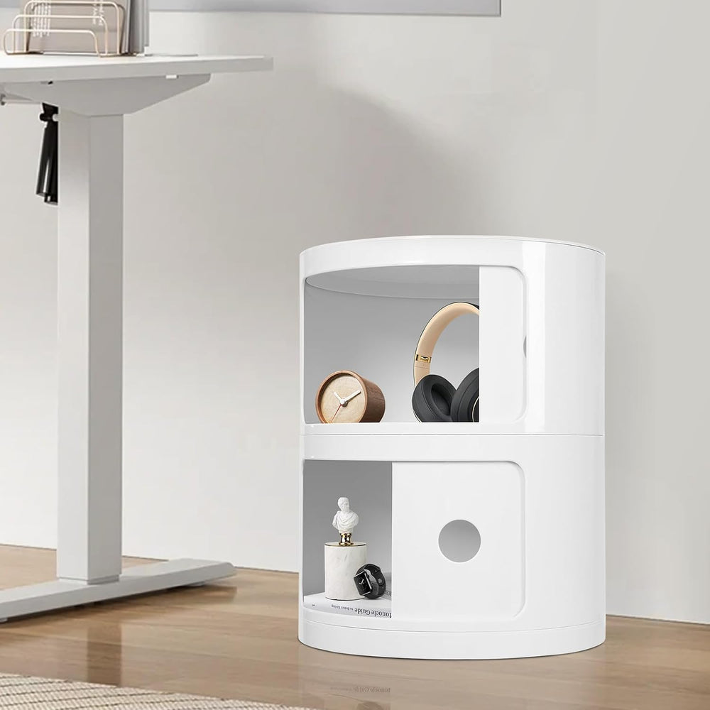 2-Tier Circular Nightstand, Round Nightstand, Circular Side Table with Drawer...