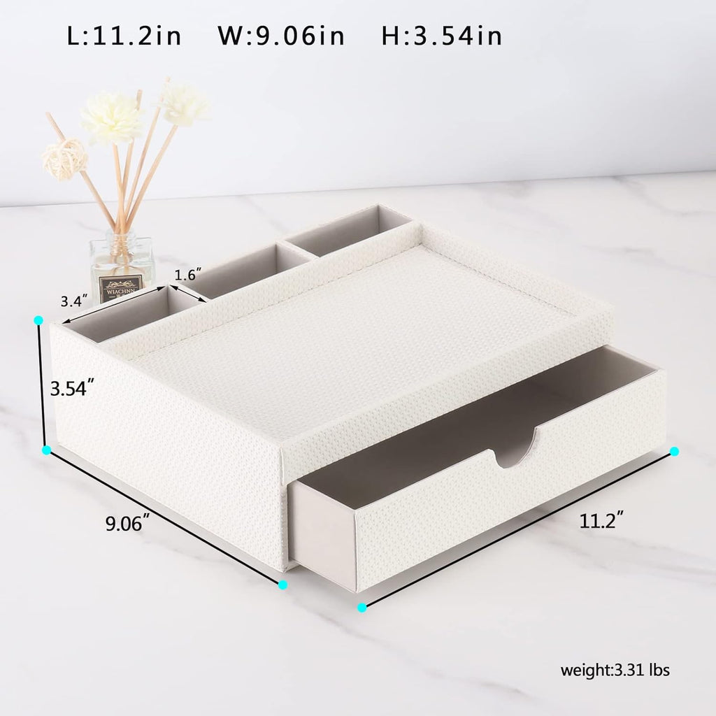 Leather Desk Organizer With Drawers, Home Cosmetics & Phone Remote Organizer, Drawer Plus Divider & Tray (white)