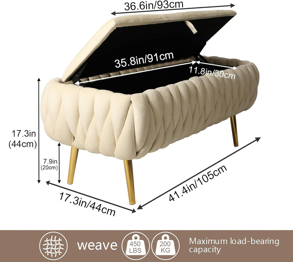 End of Bed Bedroom Storage Bench Upholstered, Hand-Woven Storage Ottoman Benc...
