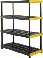Black & Yellow, 4-Tier Heavy Duty Plastic Storage Shelving Unit, 200lbs/shelf (55H x 48W x 20D), for Indoor/Outdoor Organization, Modular Rack