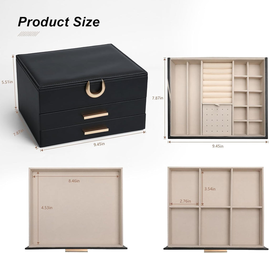 Women's Luxury Jewelry Armoire with Mirror - Compact 2-Drawer Chest with Ring Rolls & Necklace Hooks, Ideal Gift for Women Black
