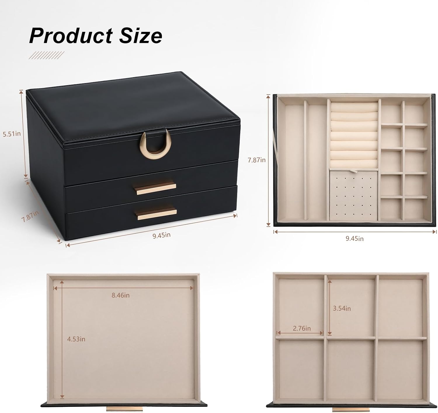 Women's Luxury Jewelry Armoire with Mirror - Compact 2-Drawer Chest with Ring Rolls & Necklace Hooks, Ideal Gift for Women Black