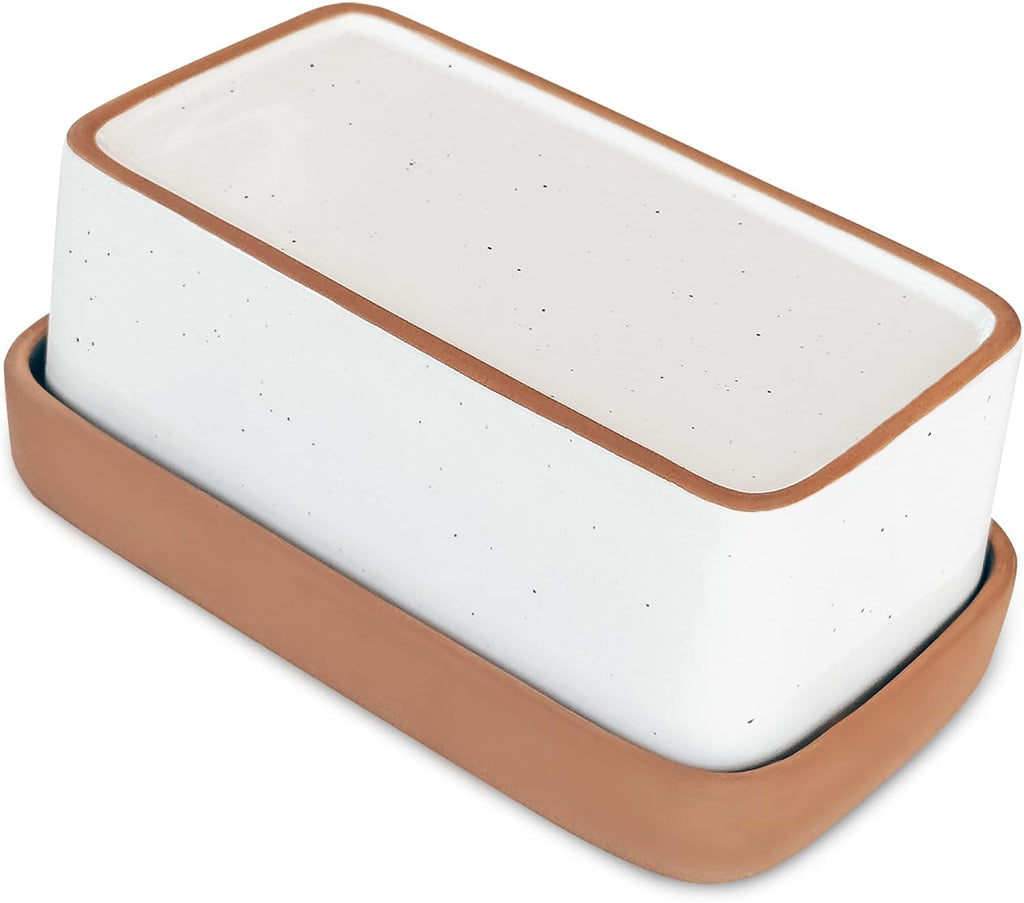 Mora Ceramic Two-in-One Butter Dish with Lid, Covered Butter Crock Container to Leave on Countertop - Large Storage Keeper/Holder for Kitchen, Gifts for Her, Butter Tray For Counter - Vanilla White
