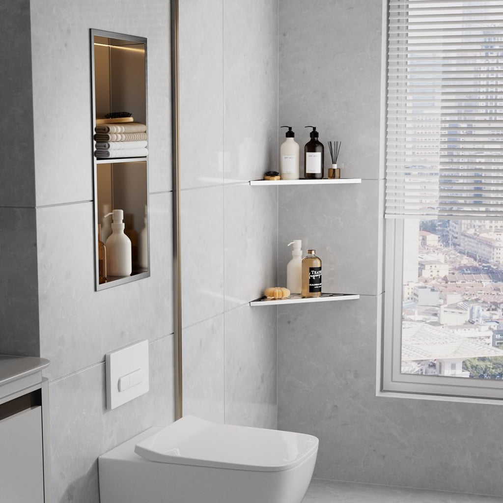 2-Pack 10" Wall Mounted Corner Shower Shelf - No Drilling Recessed Bathroom Shelves, Triangular Shower Caddy Organizer, Rustproof Stainless Steel Shower Shelves for Tiled Walls(Brushed)