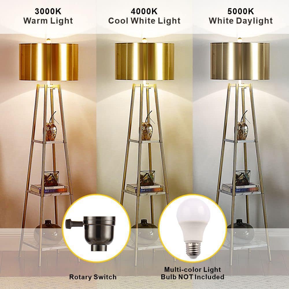 ROSEN GARDEN Floor Lamp, Standing Reading Light with Shelves and Gold Shade, ...