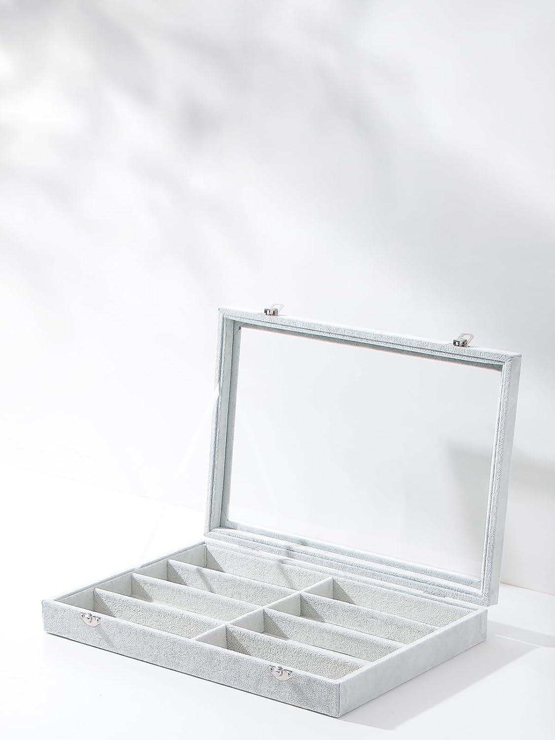 Coward Sunglass Organizer Tray Box, Grey Beige Velvet Eyeglasses Display Tray Case with Transparent Glass Lid for Home Use or Store Shop Selling Show