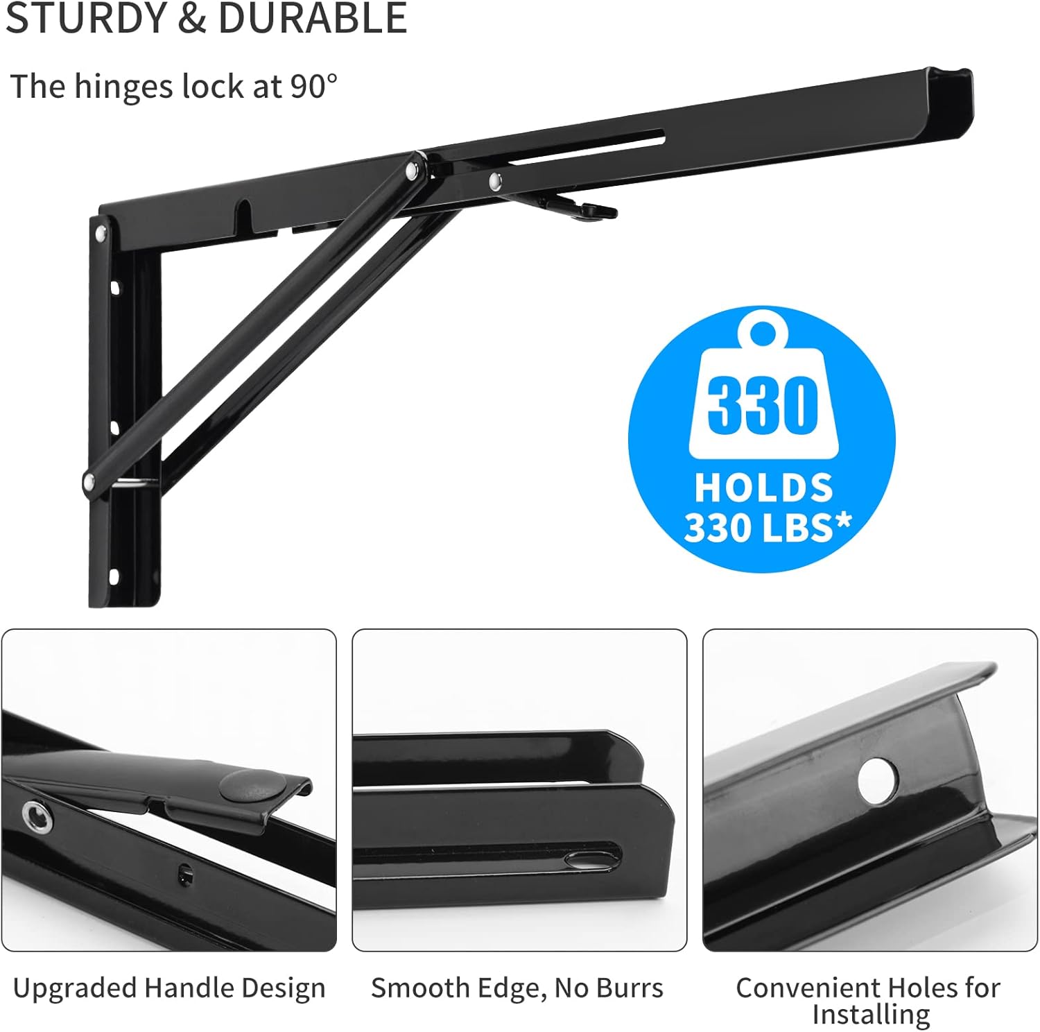 YUMORE Folding Shelf Brackets, 24 Inch Heavy Duty L Bracket, Black DIY Collapsible Shelf Bracket for Workbench Folding Table Hinge, Max Load: 330lb, Pack of 2