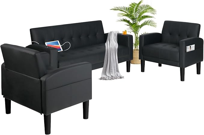 AILEEKISS 3 Piece Living Room Sofa Set Loveseat Sofas Sets with 2 USB,Cup Holders,Side Pocket, Modern Leather 3 Pcs Sectional Couches Set for Apartment, Office, Bedroom (Black, 2-Seat+1-Seat+1-Seat)