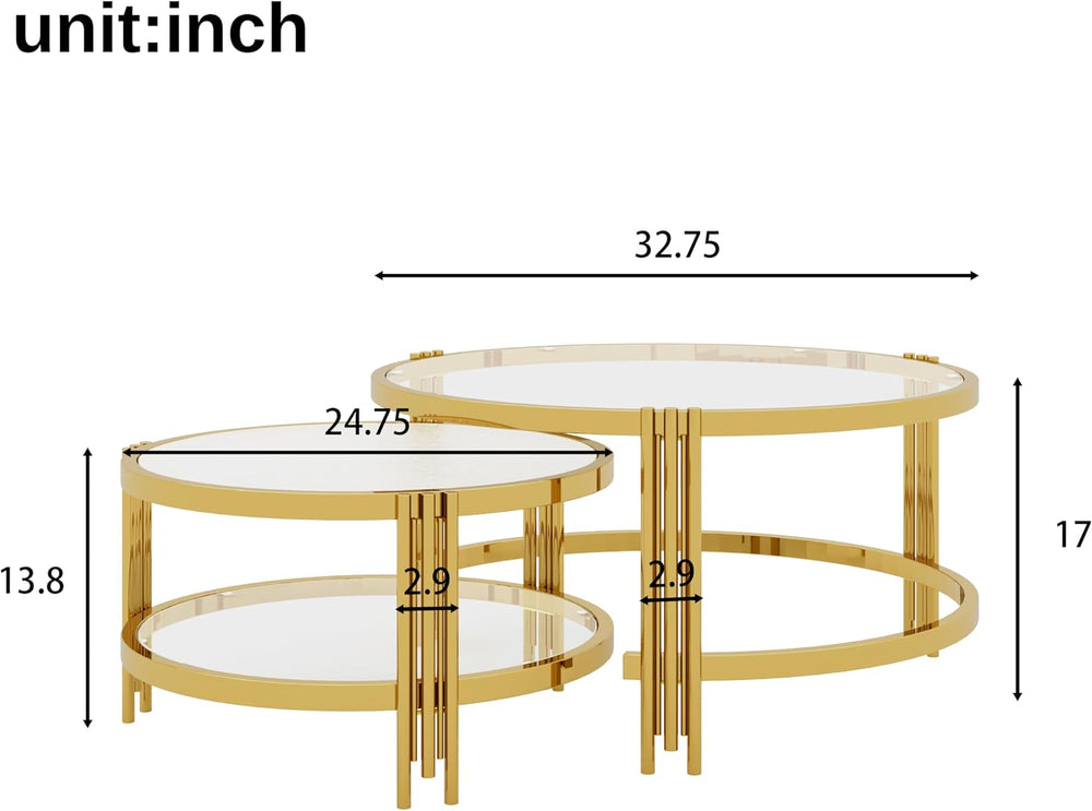 32.75" Round Glass Coffee Table Set of 2, 2-Tier Luxury Nesting Coffee T...