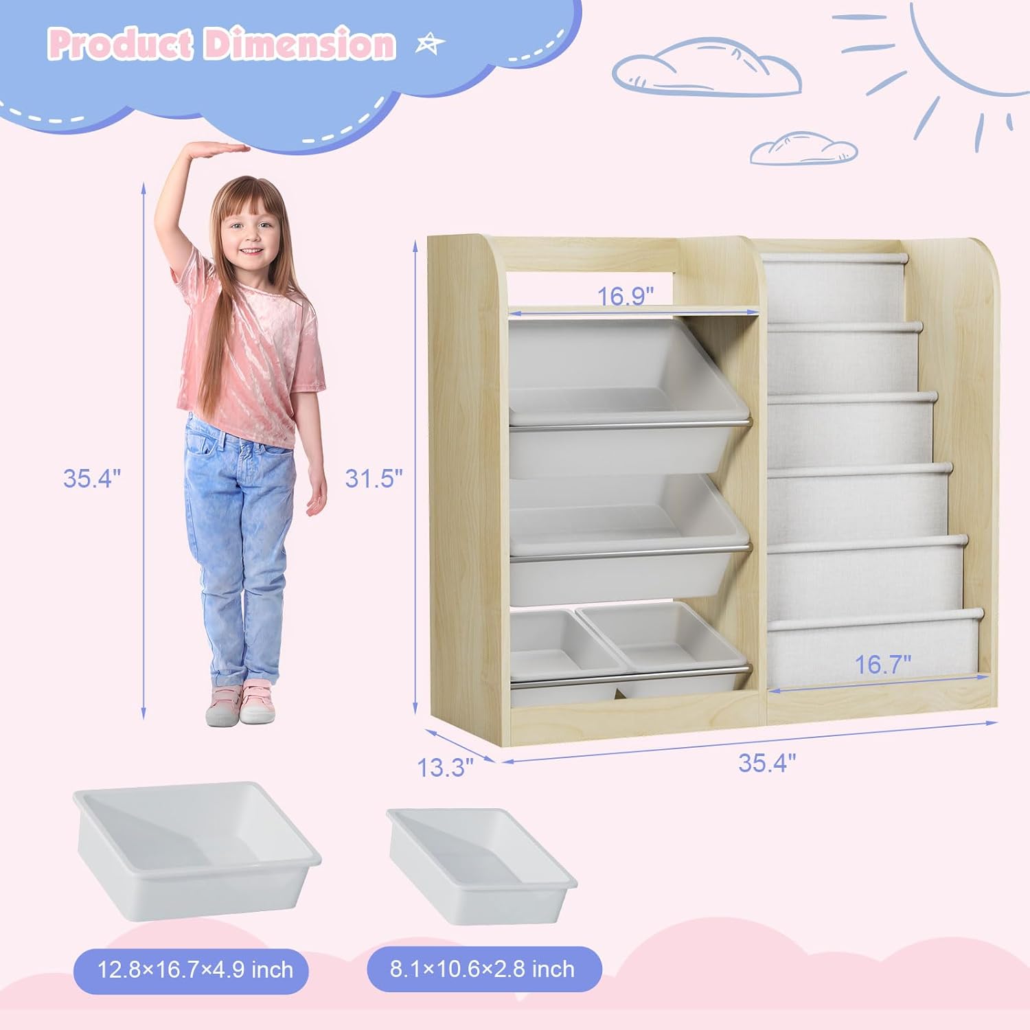 Natural Kids Wood Bookshelf Toy Storage Box Organizer Shelf W/4 Removable Plastic Toy Bins Children Bookcase Toddler Baby Sling Book Rack Cabinet Chest Girl Boy Gift Playroom Classroom Bedroom Nursery