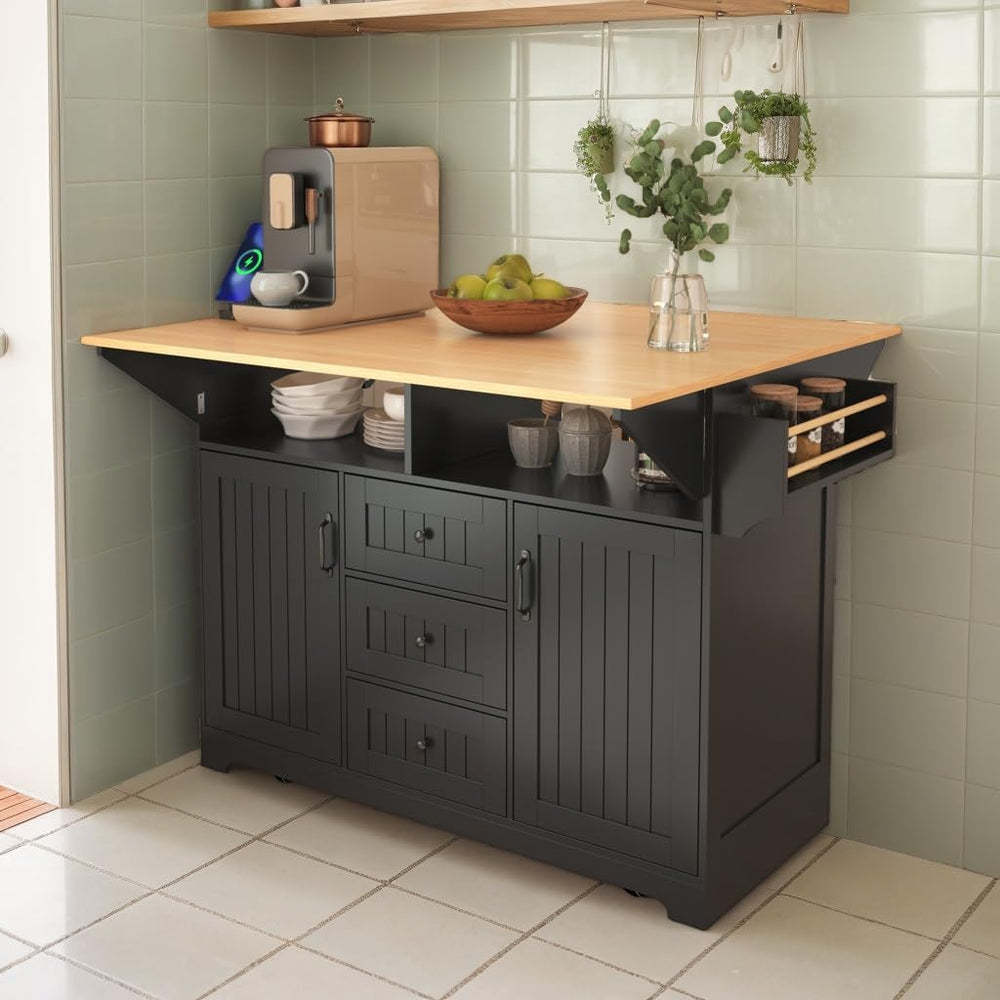 Kitchen Island with 2 Drop Leaf, Home Cart Island on Wheels Foldable Dining T...