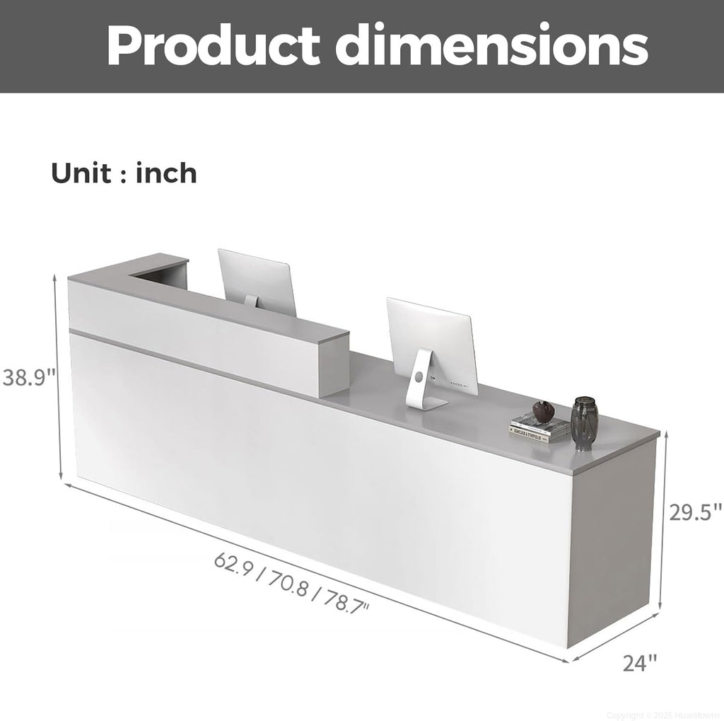 L Shape Reception Desk with Counter, Lockable Drawer, Keyboard Tray, and Double-Layer Storage for Salon, Office, or Clinic (White+Gray/Right, 71" L*24" W*39" H)