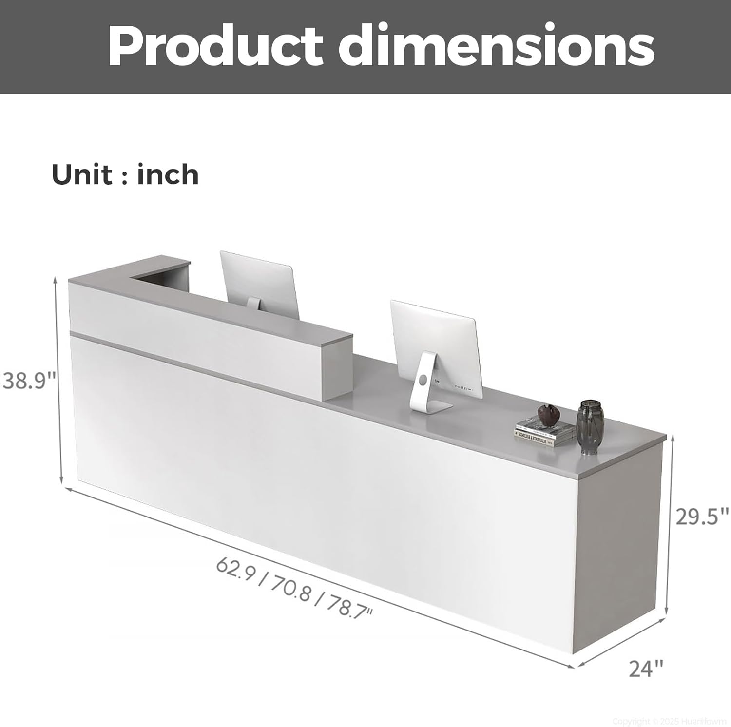 L Shape Reception Desk with Counter, Lockable Drawer, Keyboard Tray, and Double-Layer Storage for Salon, Office, or Clinic (White+Gray/Right, 71" L*24" W*39" H)