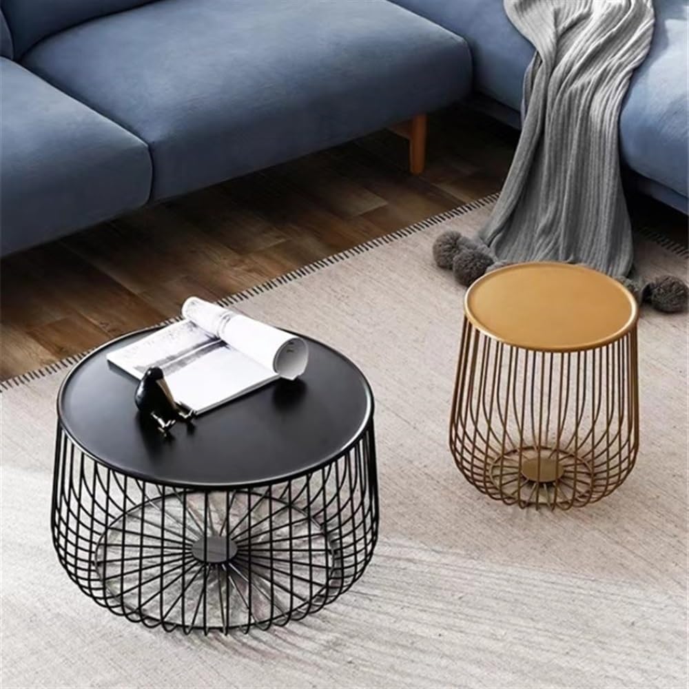 Round Side Table with Storage Shelf, Industrial Accent Furniture with Steel F...