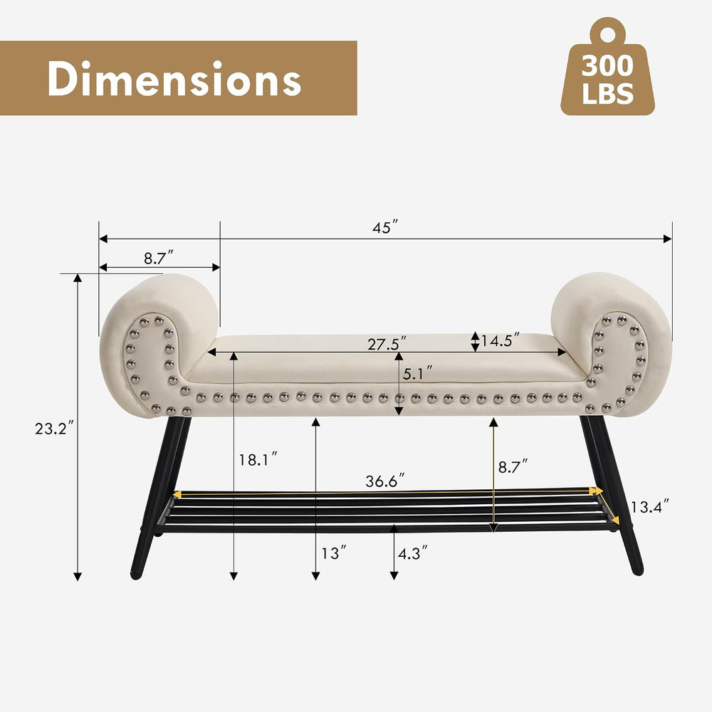 End of Bed Bench with Shoe Shelf, 45" Modern Velvet Upholstered Bedroom ...