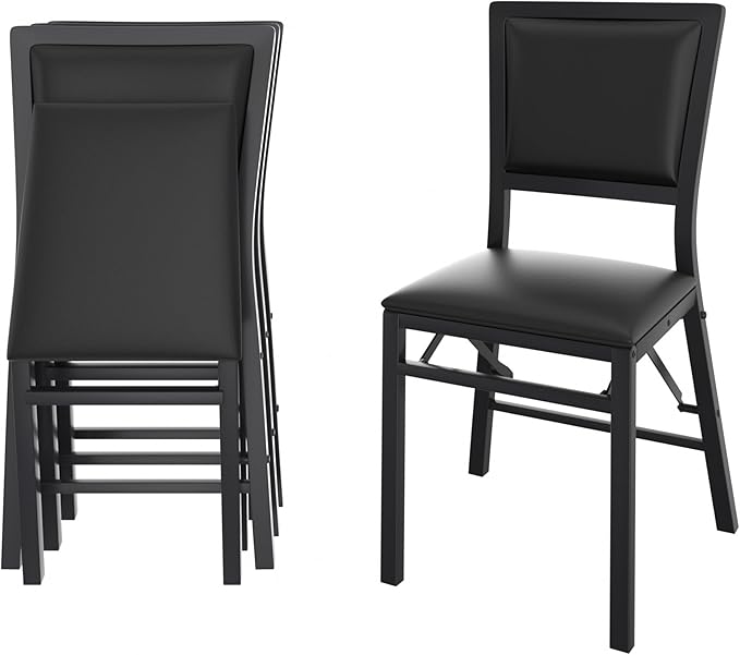 VECELO Folding Chairs Set of 4 with Cushion, Foldable Padded Seats with Heavy Duty Metal Frame for Kitchen/Dining/Living Room, No Assembly & Space Saving Design, Black