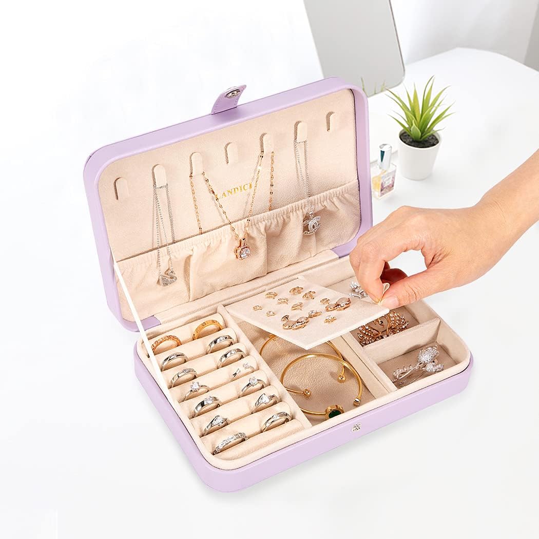 LANDICI Small Jewelry Box for Women Girls, PU Leather Travel Jewelry Case, Portable Jewelry Organizer Storage Holder Display for Ring Earrings Necklace Bracelet Bangle Men Kids Gift, Lavender