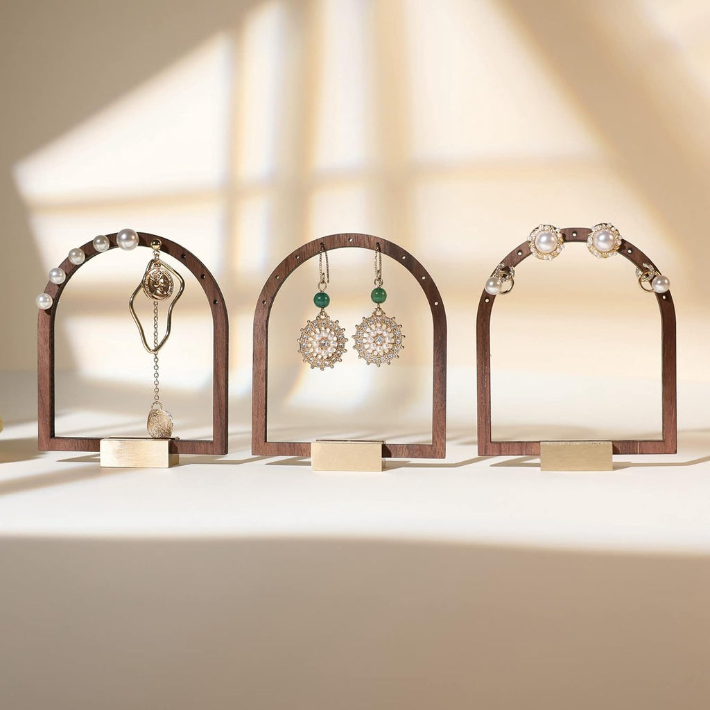 GemeShou 3pcs Wooden stud earring organizer holder, walnut earring hangers with brass base, Small Cute earring display for selling with 9 holes for each【Arch frame-3pcs】