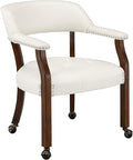 LEEMTORIG Large Dining Chairs with Casters and Arms, Rolling Dining Chairs with Wheels, Accent Game Poker Chairs, Wood Boss Caption's Chairs, 26“Dx25.2 Wx31.5“H, Cherry Legs & Ivory PU, SY-1533-WT