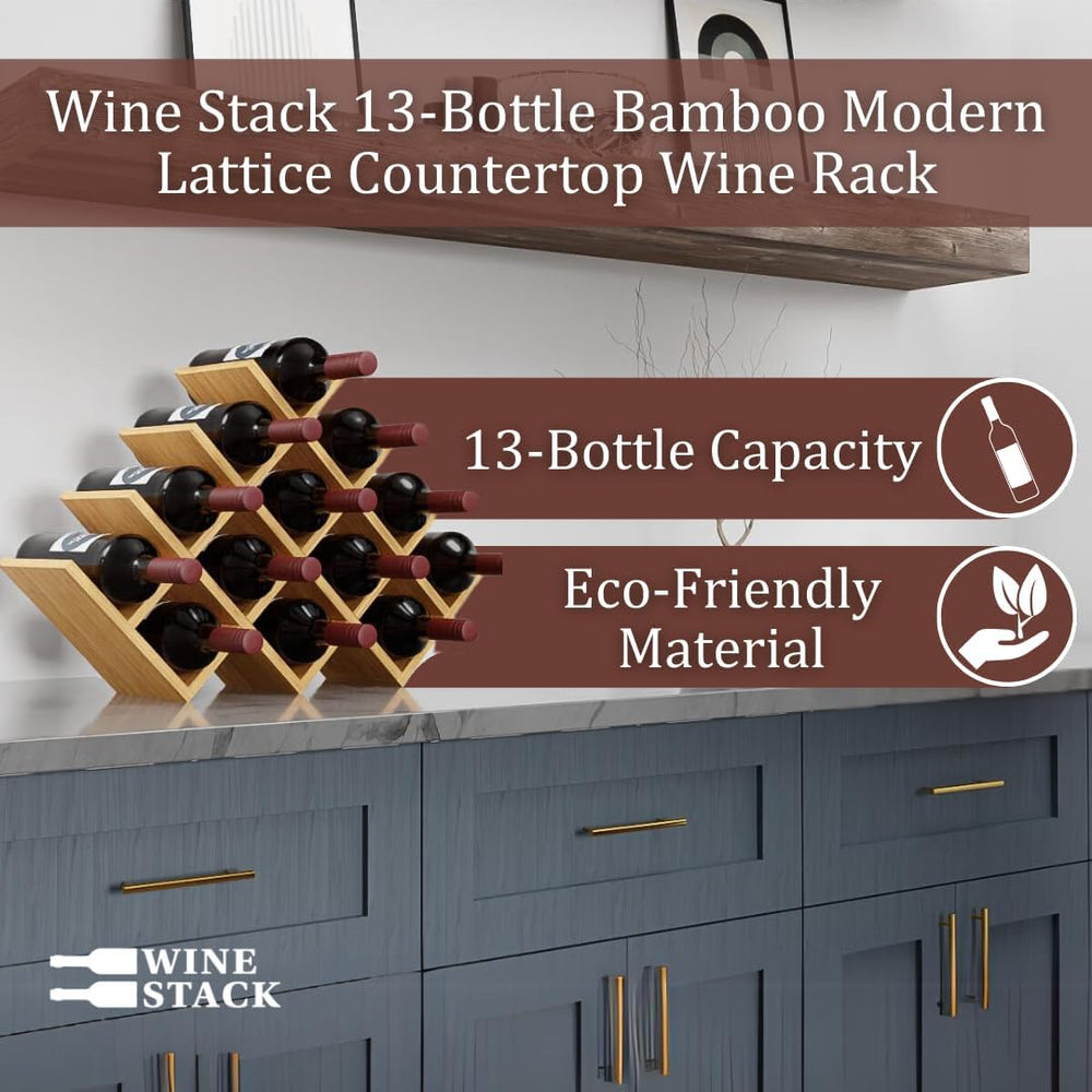 13 Bottle Bamboo Small Wine Rack for Countertop, No Tools Assembly, Modern La...