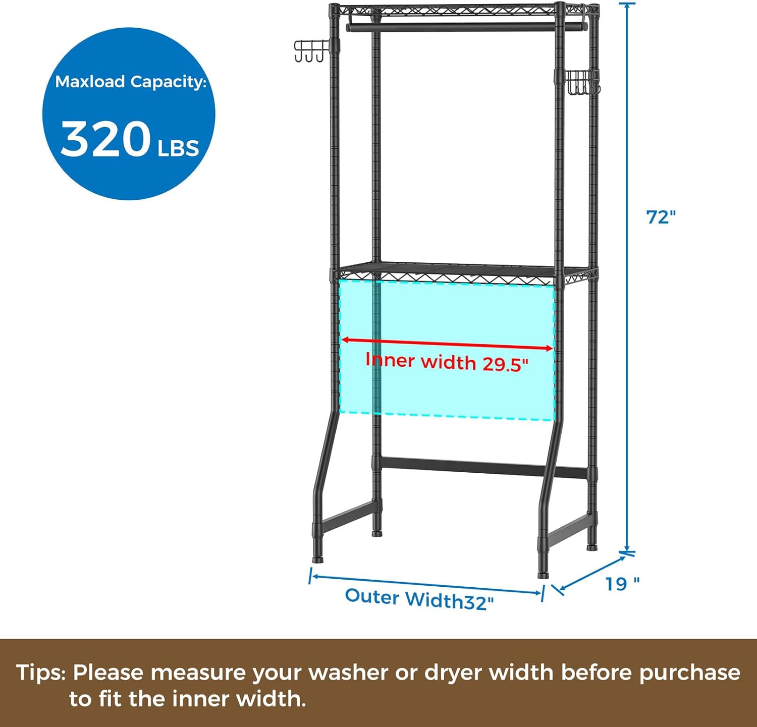 Golpart Over Washer and Dryer Shelves,2 Tier Adjustable Height Wire Shelving Laundry Room Storage Organization Clothes Drying Rack with Hanger Rod&Hooks,Space Saving Organizers Shelf,Black