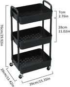 Sywhitta 3-Tier Plastic Rolling Utility Cart with Handle, Multi-Functional Storage Trolley for Office, Living Room, Kitchen, Movable Storage Organizer with Wheels, Black