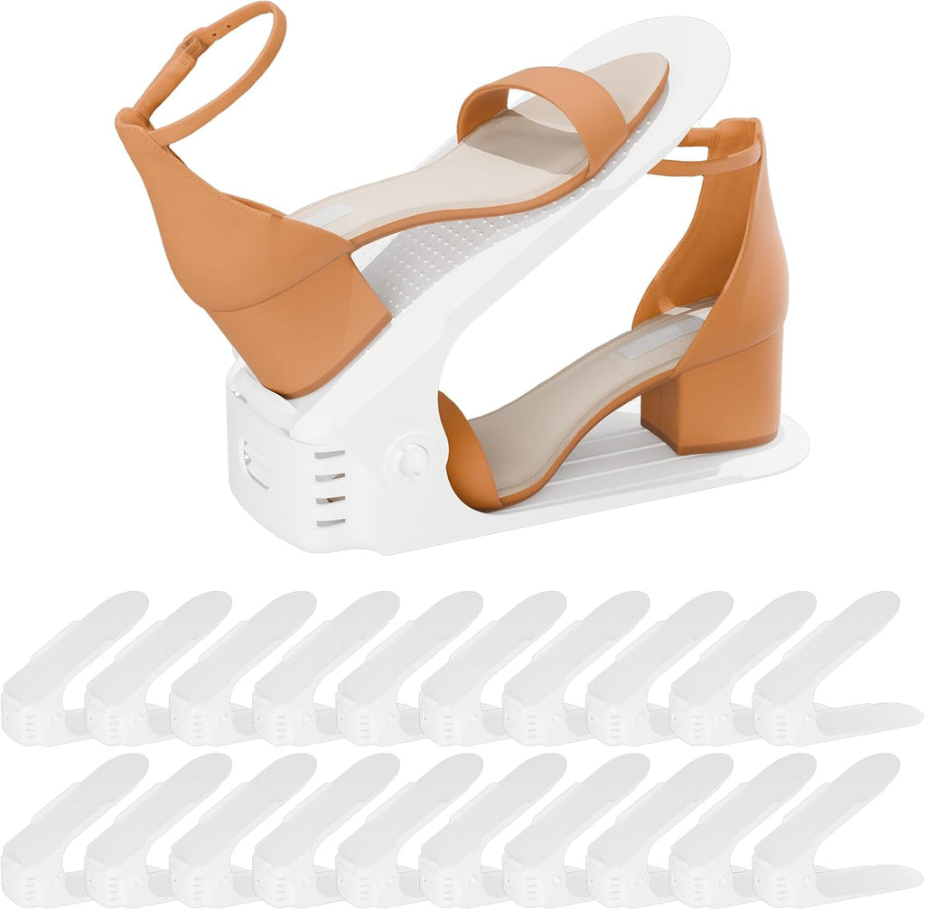 Shoe Slots Organizer, 20PCS Adjustable Double Layer Stack Shoe Rack, 50% Space-Saving Storage Rack Holder, White