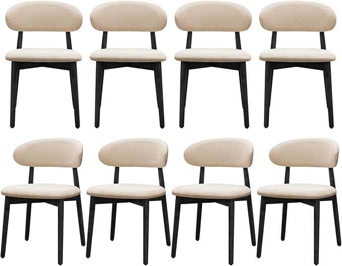 Farmhouse Dining Chairs Set of 8, Mid Century Modern Wooden Dining Room Chairs, Farmhouse Fabric Upholstered Kitchen Dinner Chairs for Living Room Restaurant Cafe, Black/Beige