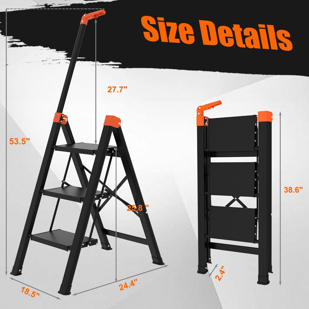 3 Step Ladder with Single Handrail, Retractable Handle 3 Folding Step Stool