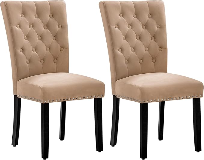 Velvet Dining Kitchen Chair Set of 2, Parsons Upholstered Dining Room Chair, Wood Accent Chair with Nailed Trim, Camel