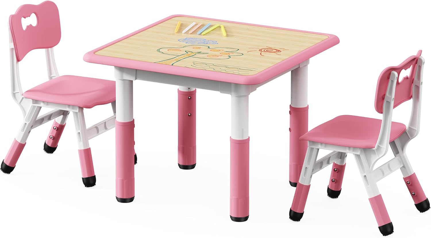 Brelley Height Adjustable Toddler Table and 2 Chairs Set, Pink | Table Supports 280 lbs, Wooden Drawing Activity Desk, Classroom/Daycare/Home, Children Multi-Activity Table for Ages 3-8
