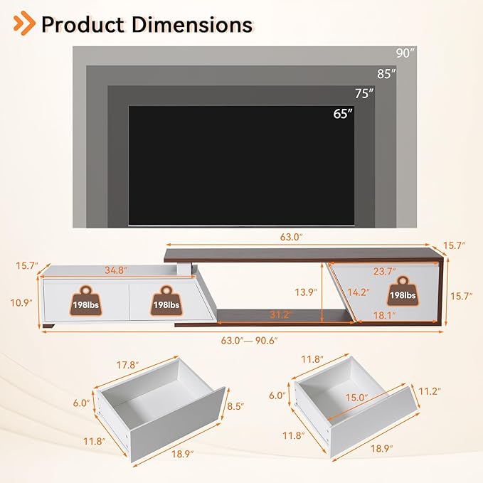 Verano Garden Extendable TV Stand with Led Lights, Wood TV Media Console with 2 Drawers & 1 Cabinet, Modern Entertainment Center Up to 90 Inch TV for Living Room Bedroom, 63" - 90.6" (White & Walnut)