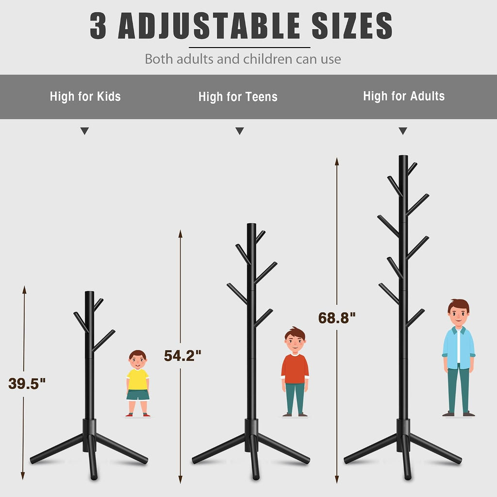 Coat Rack, Coat Racks Freestanding with 8 Hooks 3 Adjustable Heights for Clothes, Hats, Handbags, Coat Tree Easy Assembly for Entryway, Bedroom, Hallway, Office(Black)