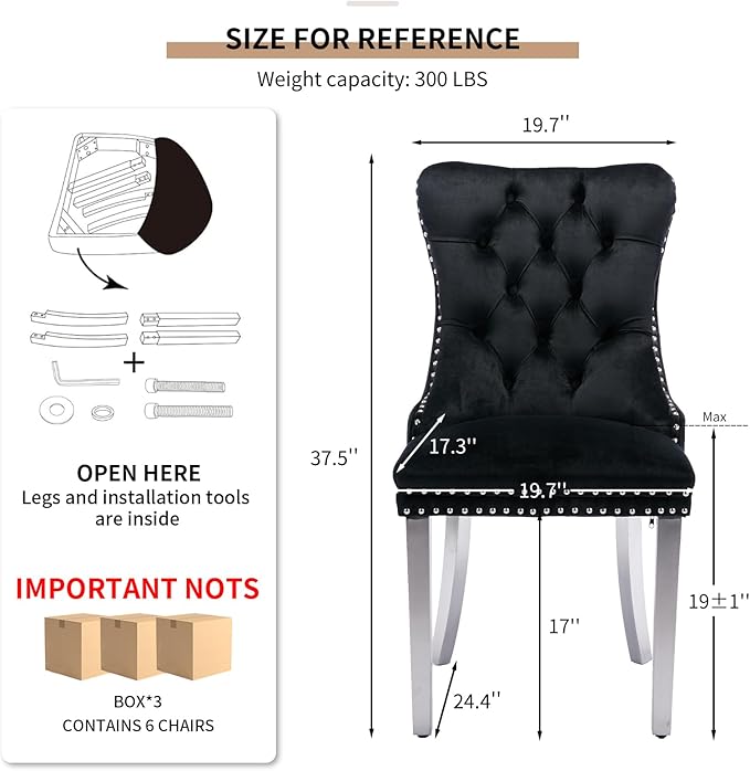 Mid Century Modern Dining Chairs Set of 6, Black Velvet Upholstered Tufted Back, Kitchen & Dining Room Chairs, Brushed Silver Metal Legs, Nailhead Trim, Sillas para Comedor (Black, 6 Pcs)