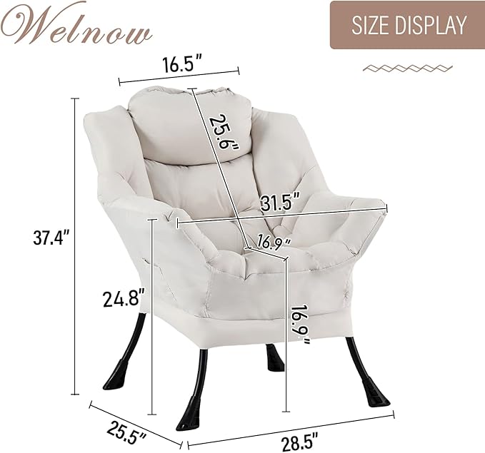 Welnow Lazy Chair for Living Room, Modern Reading Lounge Accent Chair with Armrests and a Side Pocket, Leisure Upholstered Lazy Sofa for Small Space, Bedroom, Dorm, Beige