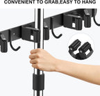 nacena Broom holder Wall Mount, 2-Pack Black Stainless Steel Self-Adhesive Mop and Broom Hooks Heavy Duty Broom and Mop Storage Rack laundry room organization for Kitchen Garden garage
