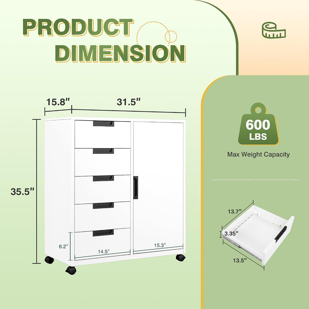 5-Drawer Metal Storage Cabinet with Adjustable Shelves and Wheels, Printer St...