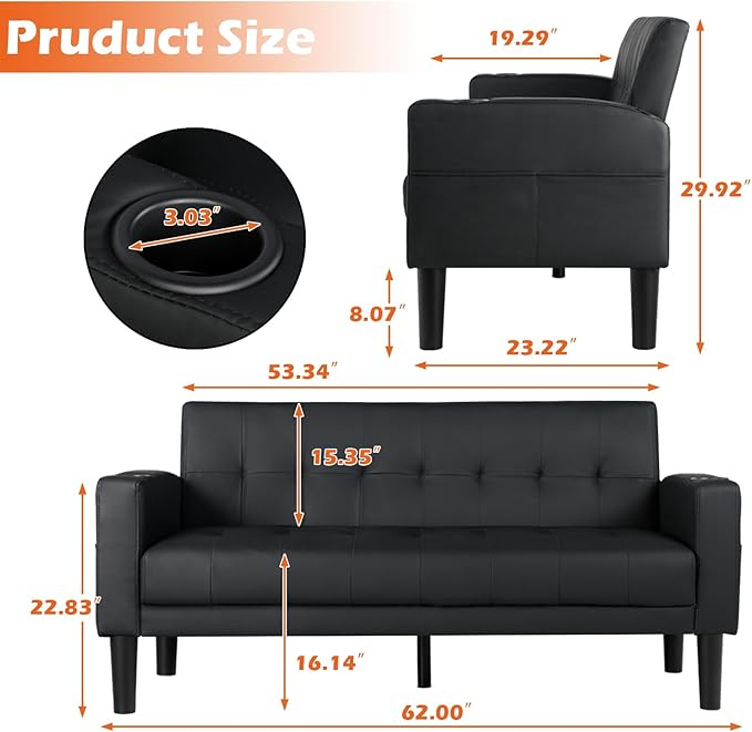 AILEEKISS 62" Loveseat Couches Upholstered Leather Love Seat Sofas Couch with 2 USB, Cup Holders, Side Pocket, Mid-Century Modern Tufted Sofa for Living Room,Office,Bedroom,Apartment (Black, 2-Seat)