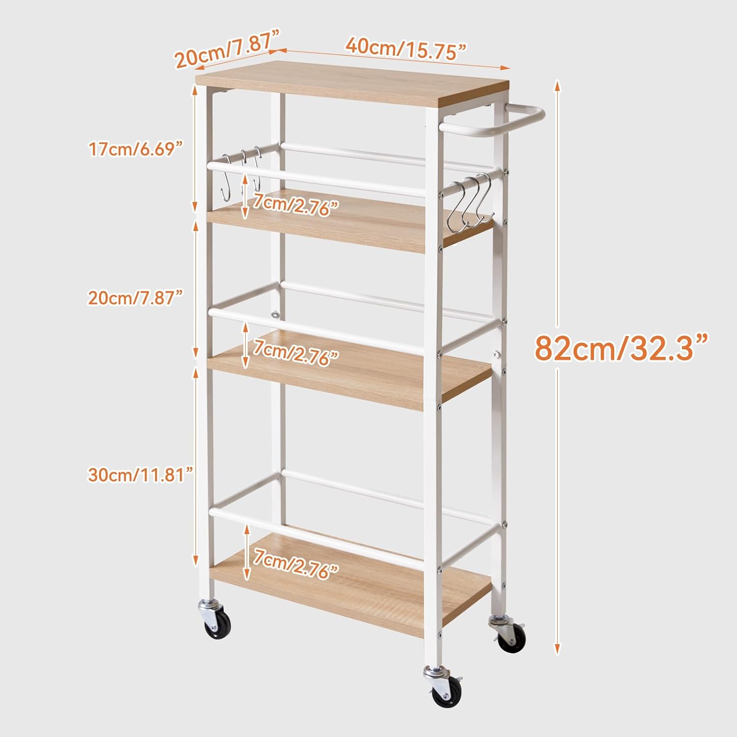 IBUYKE 7.8" Slim Rolling Cart,4 Tier Metal Kitchen Laundry Storage Cart,Industrial Narrow Utility cart,Trolley with Handle and Wooden Tabletop,for Kitchen, Living Room,Bathroom,Natural UTMJ065R