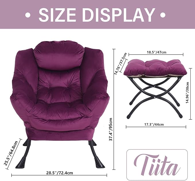 Tiita Lazy Chair with Ottoman, Modern Large Accent Lounge Armchair, Comfy Leisure Sofa Reading Chair with Footrest for Bedroom, Living Room, Dorm Rooms, Garden and Courtyard, Velvet Dark Purple