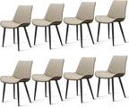 Dining Chairs Set of 8, Leather Modern Kitchen & Dining Room Chairs, Comfortable Upholstered Kitchen Chairs with Metal Legs Armless Side Chairs for Kitchen Restaurant, Khaki & Dark Grey