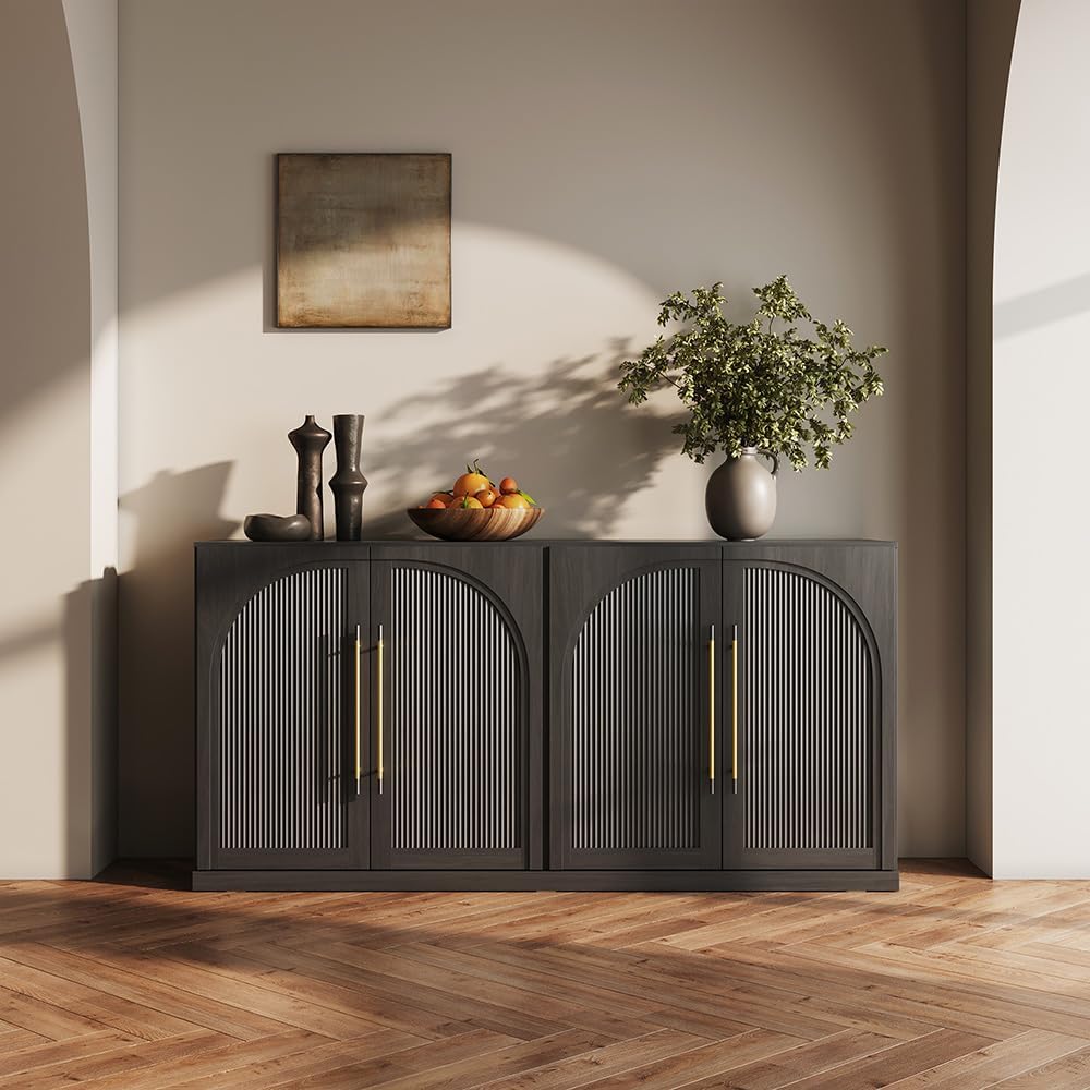 BELLEZE 65 Inch Sideboard Cabinet with Double-Arc Wood Doors, Large Buffet Ca...