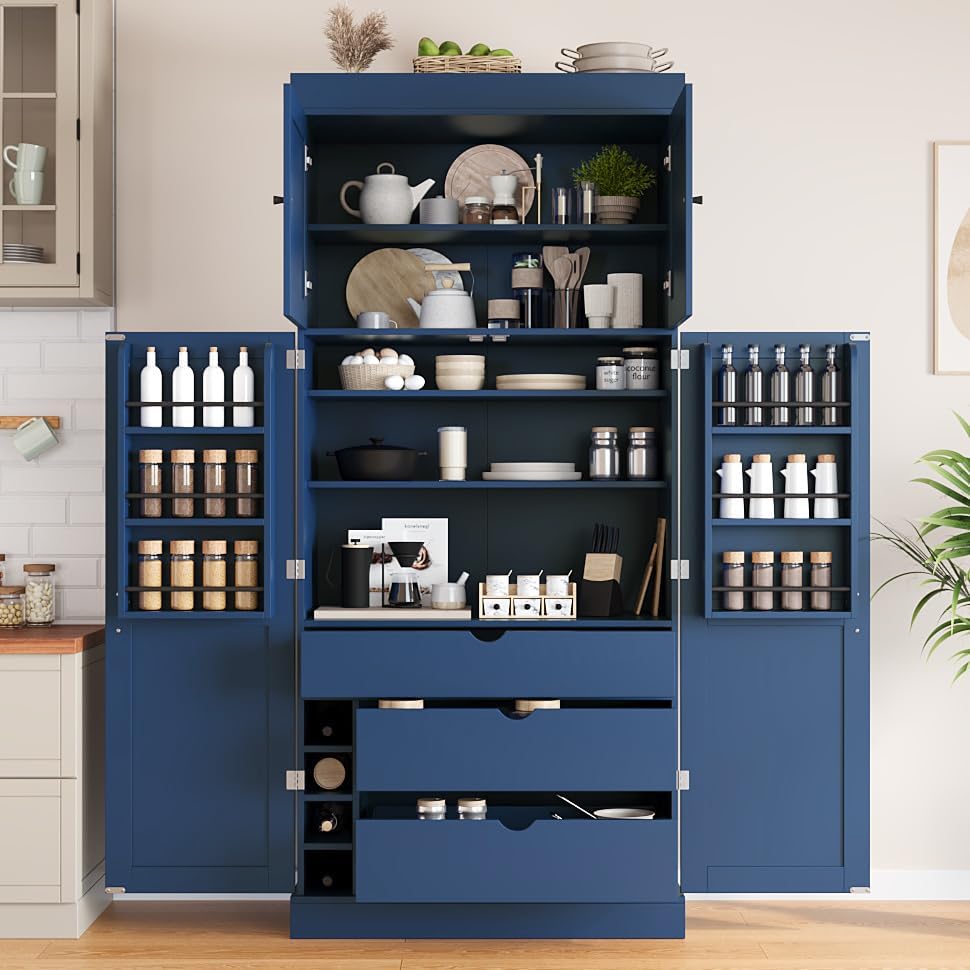 Merax 77''Tall Freestanding Kitchen Pantry,Farmhouse Tall Storage Cab...
