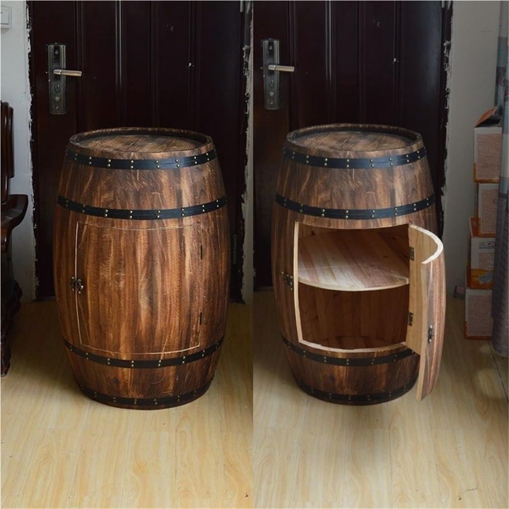 Wooden Barrel Table, Freestanding Whiskey Cabinet with Storage Shelves, Rusti...