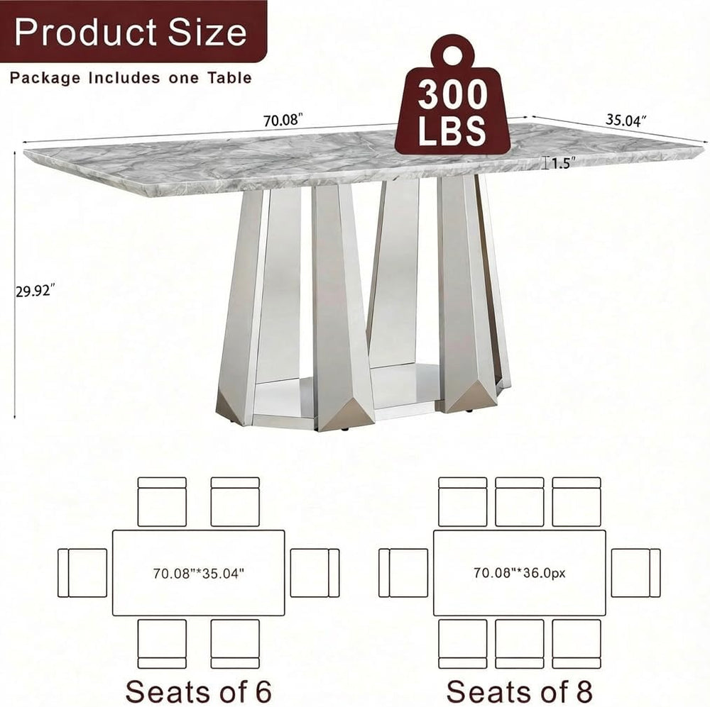 70" Rectangle Faux Marble Luxury Grey Dining Table for 6-8 People, Moder...