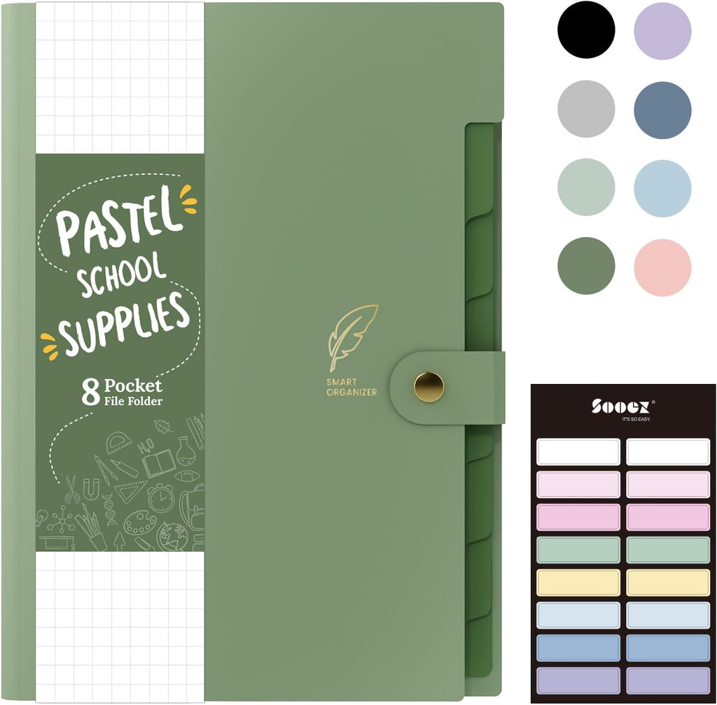 Sooez Aesthetic 8 Pocket Accordion File Organizer, Pastels Expanding File Folder for Important Document with Labels, Portable Receipt Bill Organizer for Office School Supplies, Letter Size Olive Green