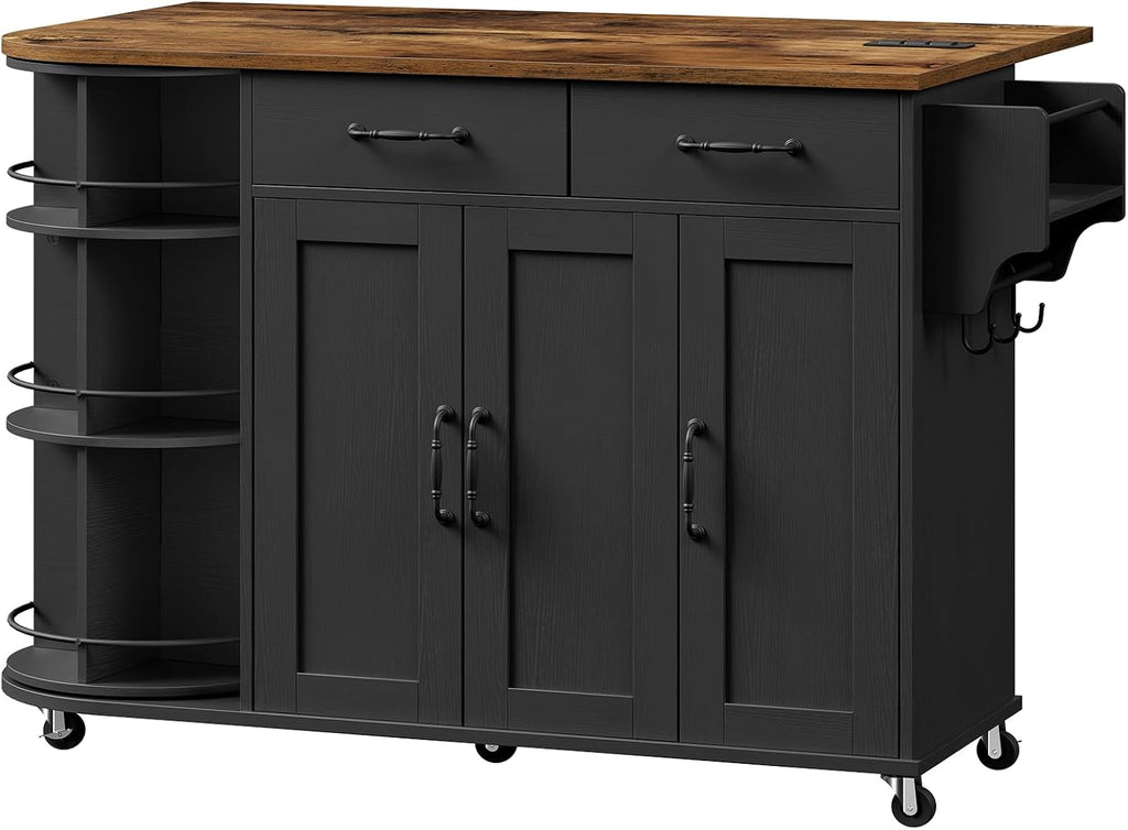 RALGEND Kitchen Island with Power Outlet & Drop Leaf, Kitchen Rolling Island with Rotating Organizer, Kitchen Island Cart with Storage Cabinet, Mobile Island Table for Kitchen, Black and Rustic Brown